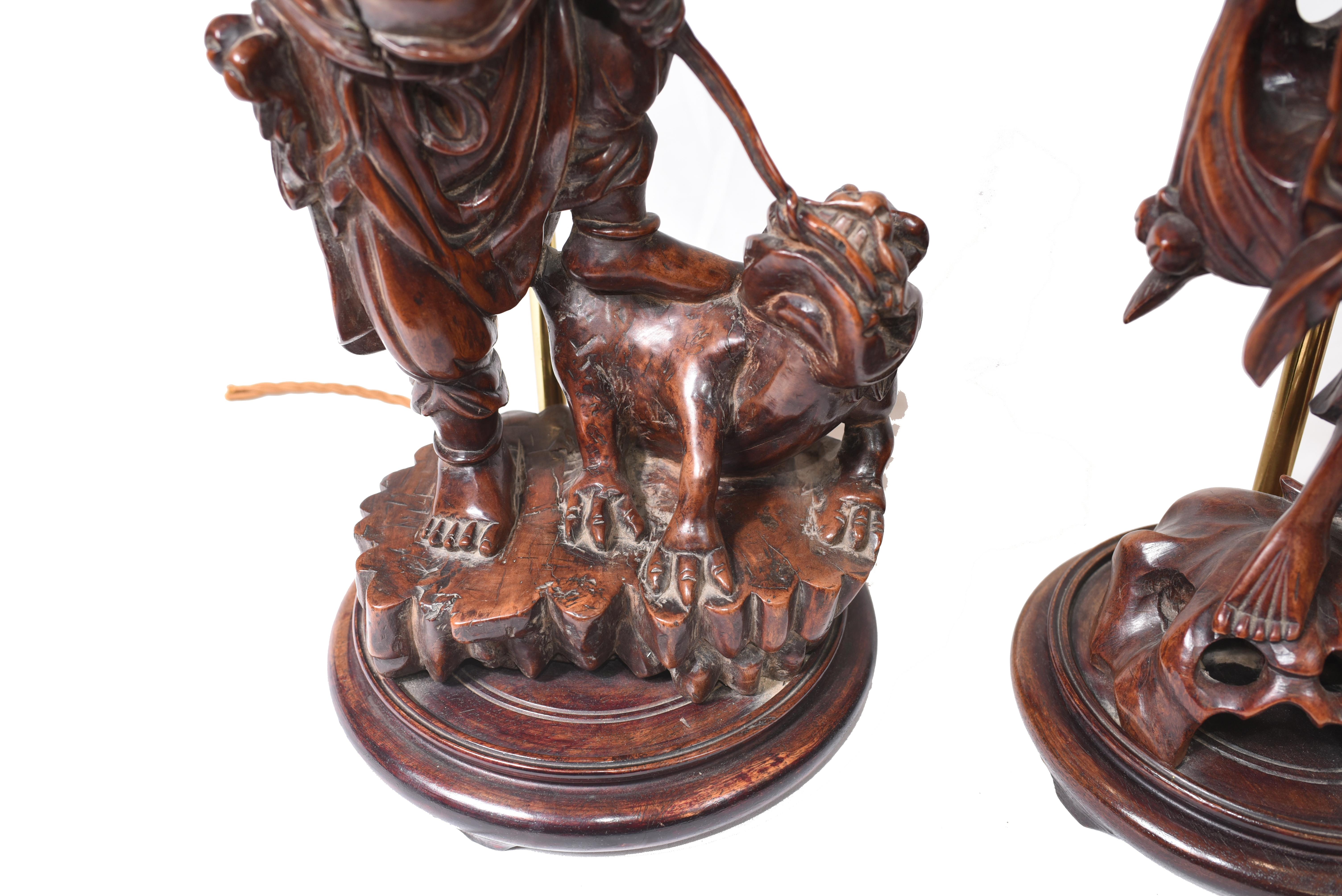Late 19th Century Set Hand Carved Chinese Buddha Lamps Antique