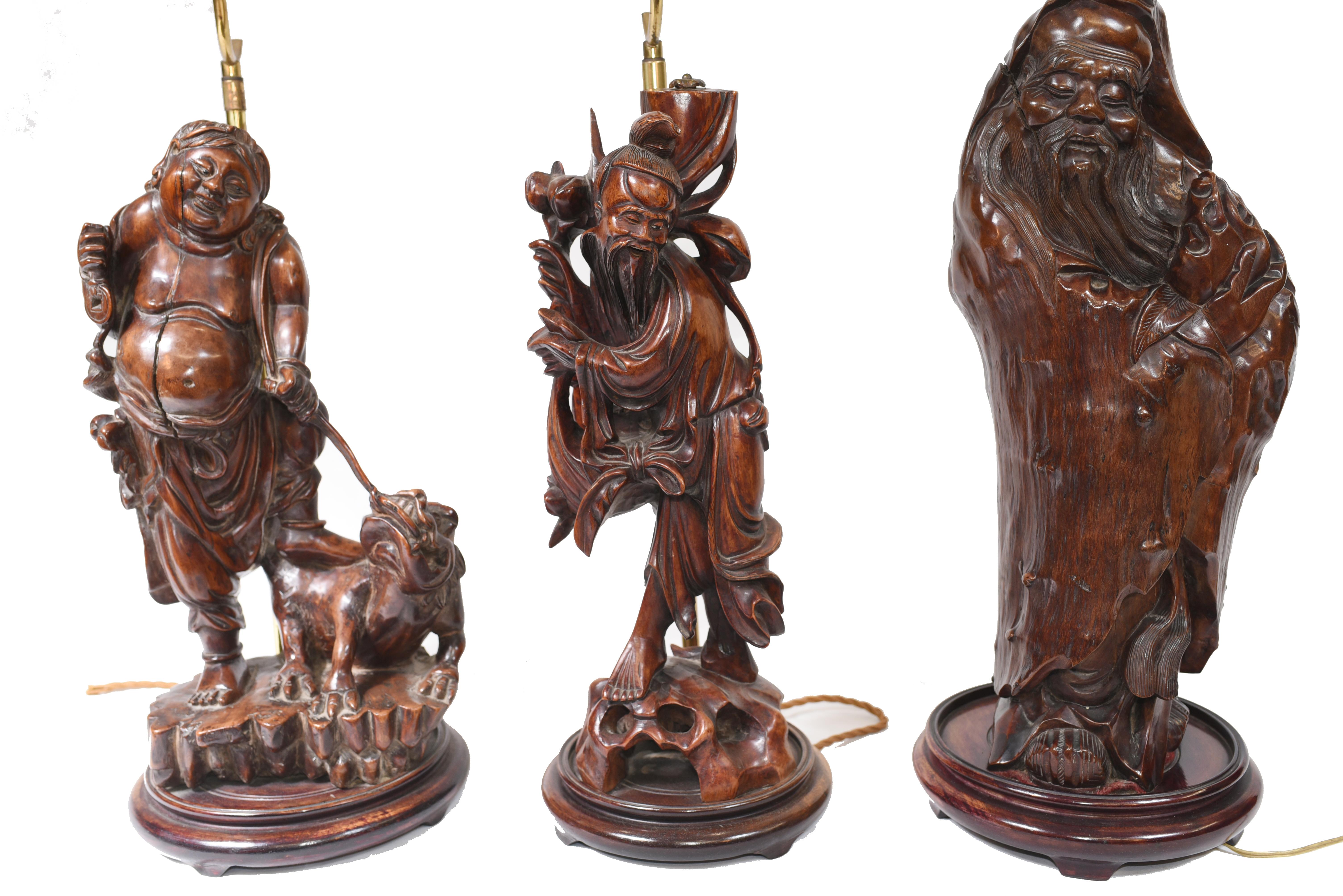 Hardwood Set Hand Carved Chinese Buddha Lamps Antique