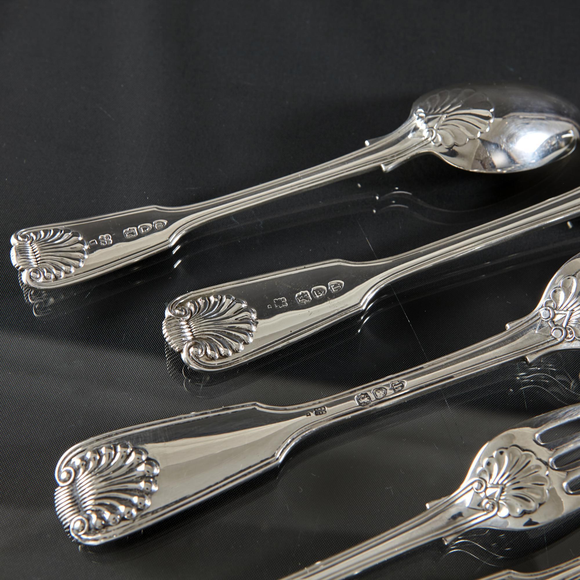 Victorian Set hand-forged Fiddle Thread & Shell silver cutlery for 12 For Sale
