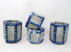 Set Hand Painted Blue White Japan Chinese Reticulated Hexagonal Porcelain Vases