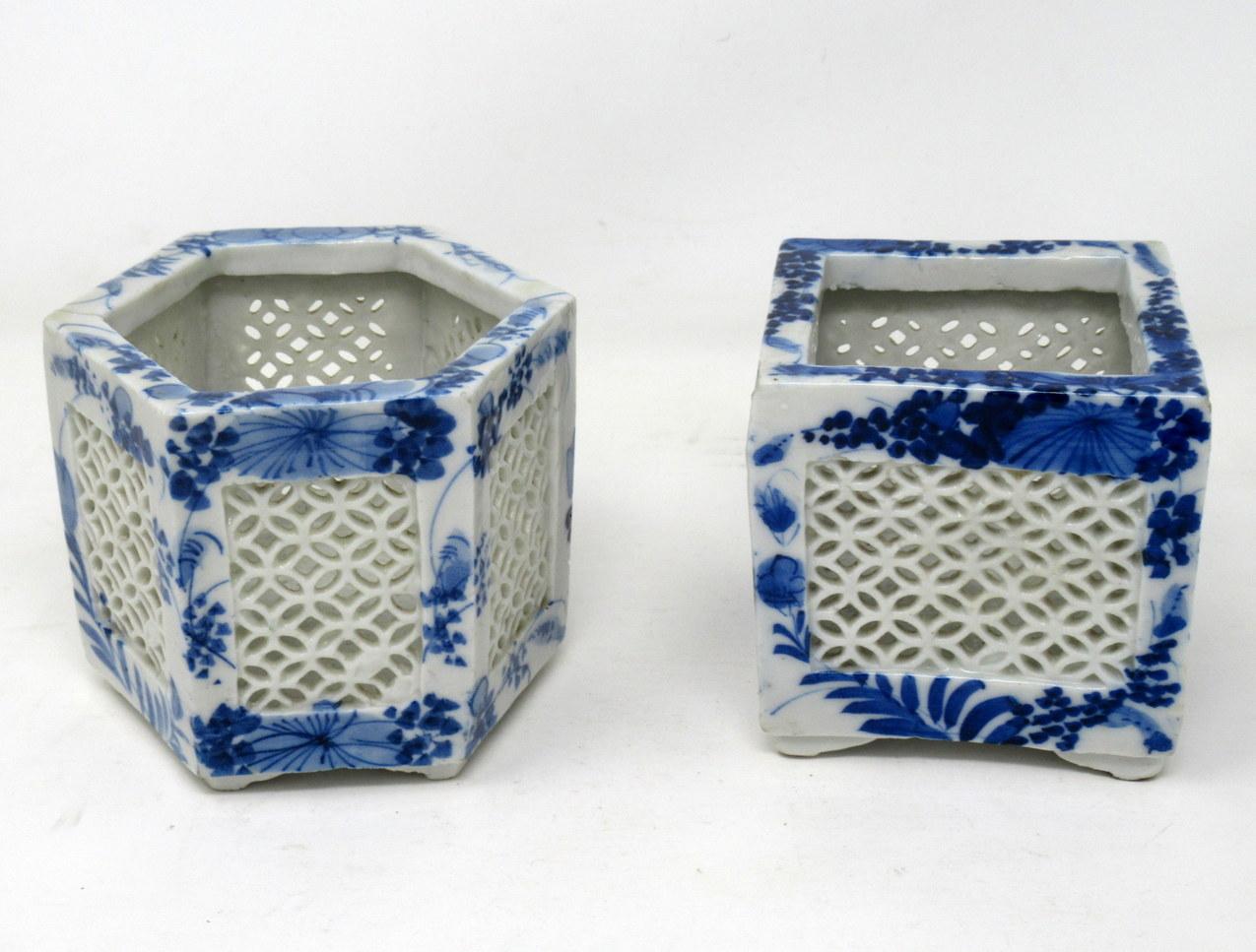 20th Century Set Hand Painted Blue White Japan Chinese Reticulated Hexagonal Porcelain Vases