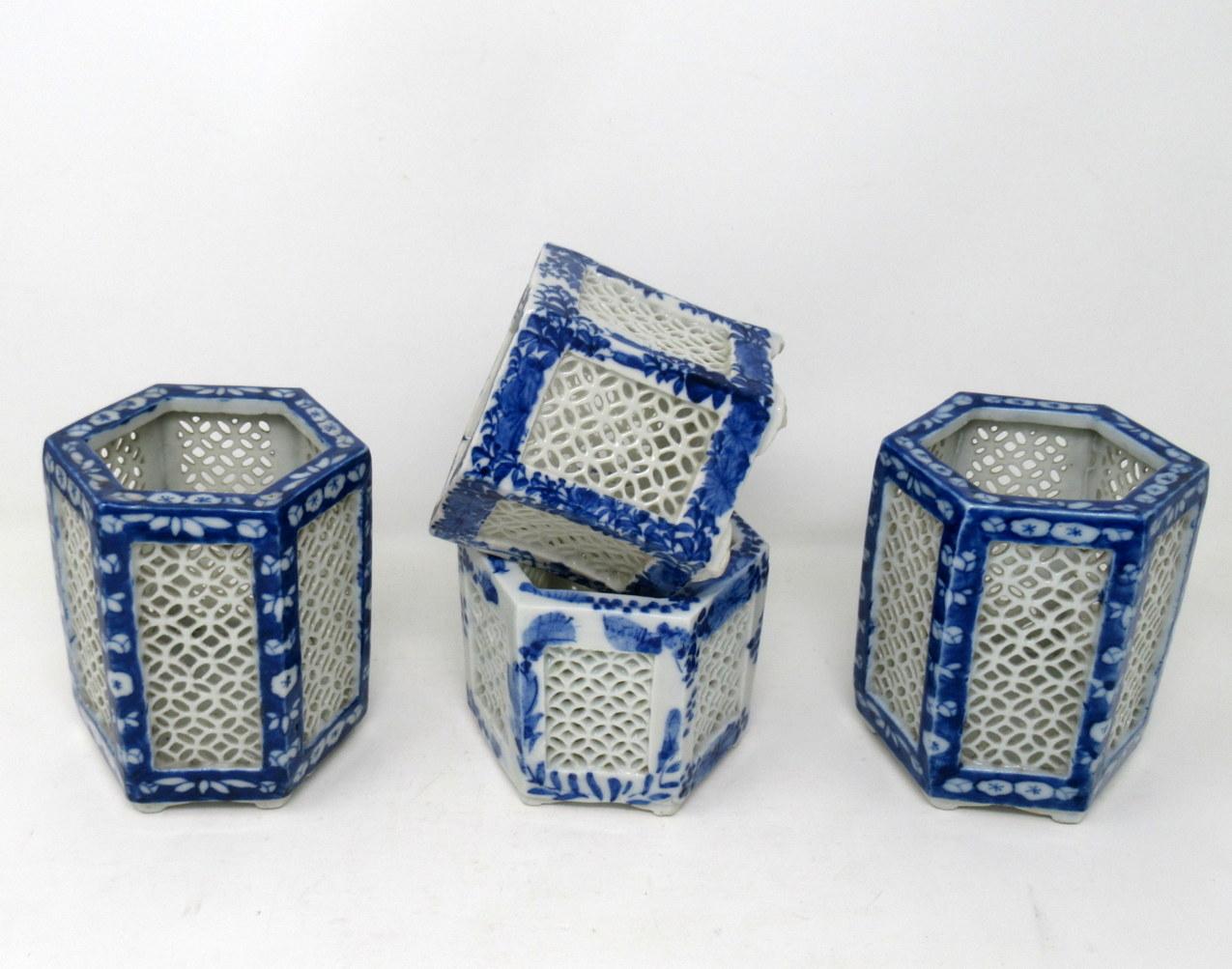 20th Century Set Hand Painted Blue White Japan Chinese Reticulated Hexagonal Porcelain Vases