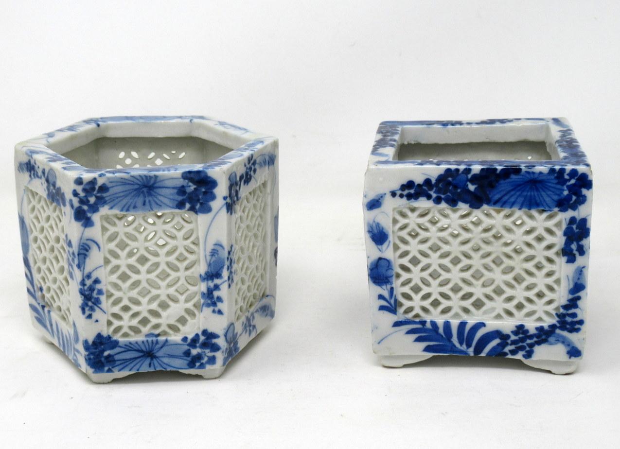 Ceramic Set Hand Painted Blue White Japan Chinese Reticulated Hexagonal Porcelain Vases