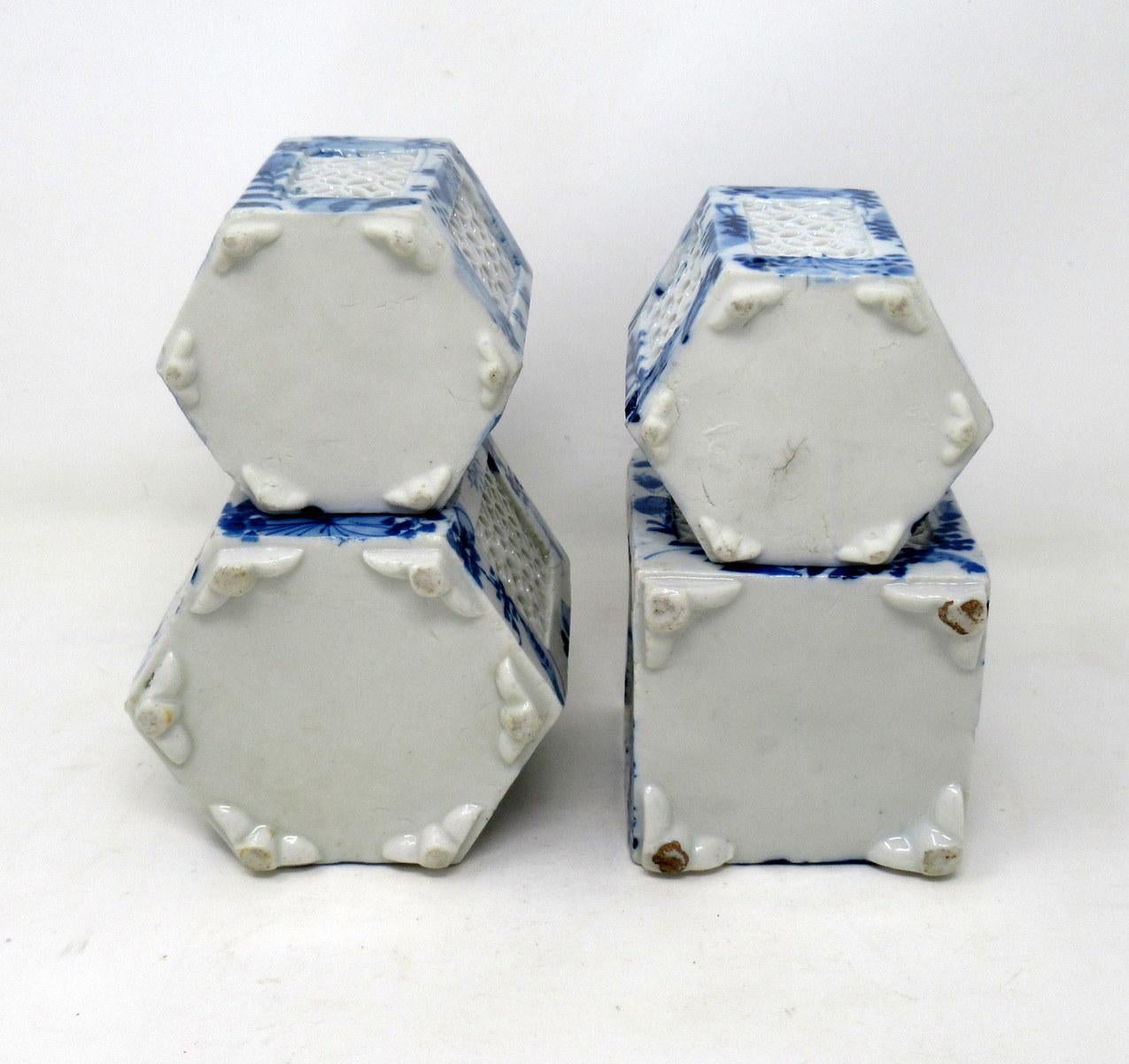 Set Hand Painted Blue White Japan Chinese Reticulated Hexagonal Porcelain Vases 1