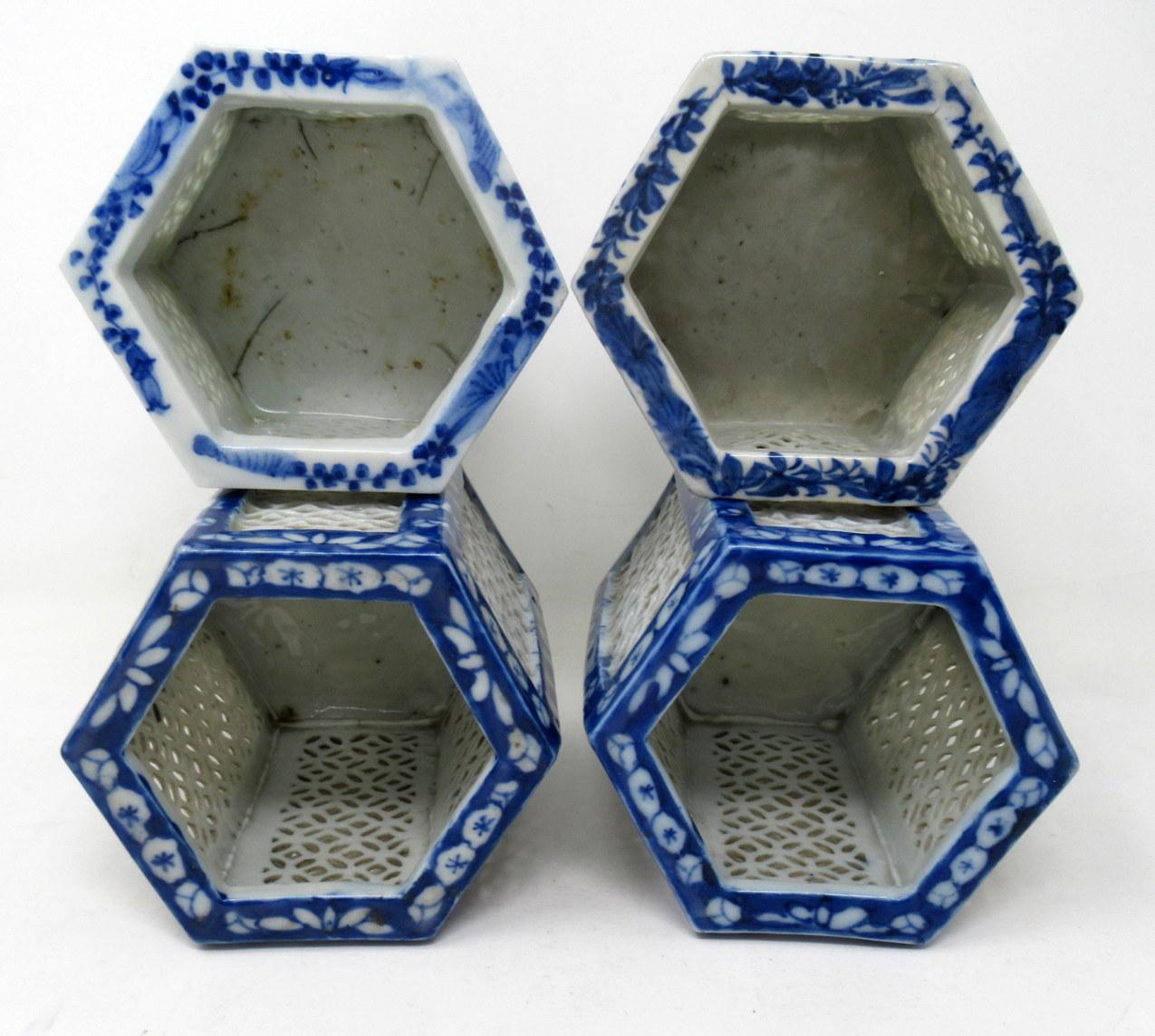 Set Hand Painted Blue White Japan Chinese Reticulated Hexagonal Porcelain Vases 3