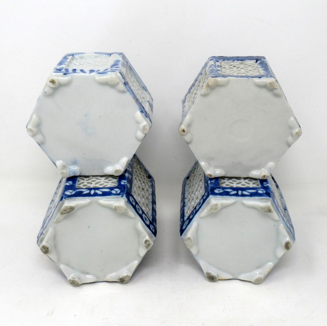 Set Hand Painted Blue White Japan Chinese Reticulated Hexagonal Porcelain Vases 4