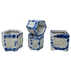 Antique Set Hand Painted Blue White Japan Chinese Reticulated Hexagonal Porcelain Vases