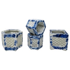 Set Hand Painted Blue White Japan Chinese Reticulated Hexagonal Porcelain Vases