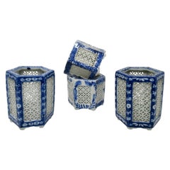 Set Hand Painted Blue White Japan Chinese Reticulated Hexagonal Porcelain Vases