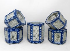 Set Hand Painted Blue White Japane Chinese Reticulated Hexagonal Porcelain Vases