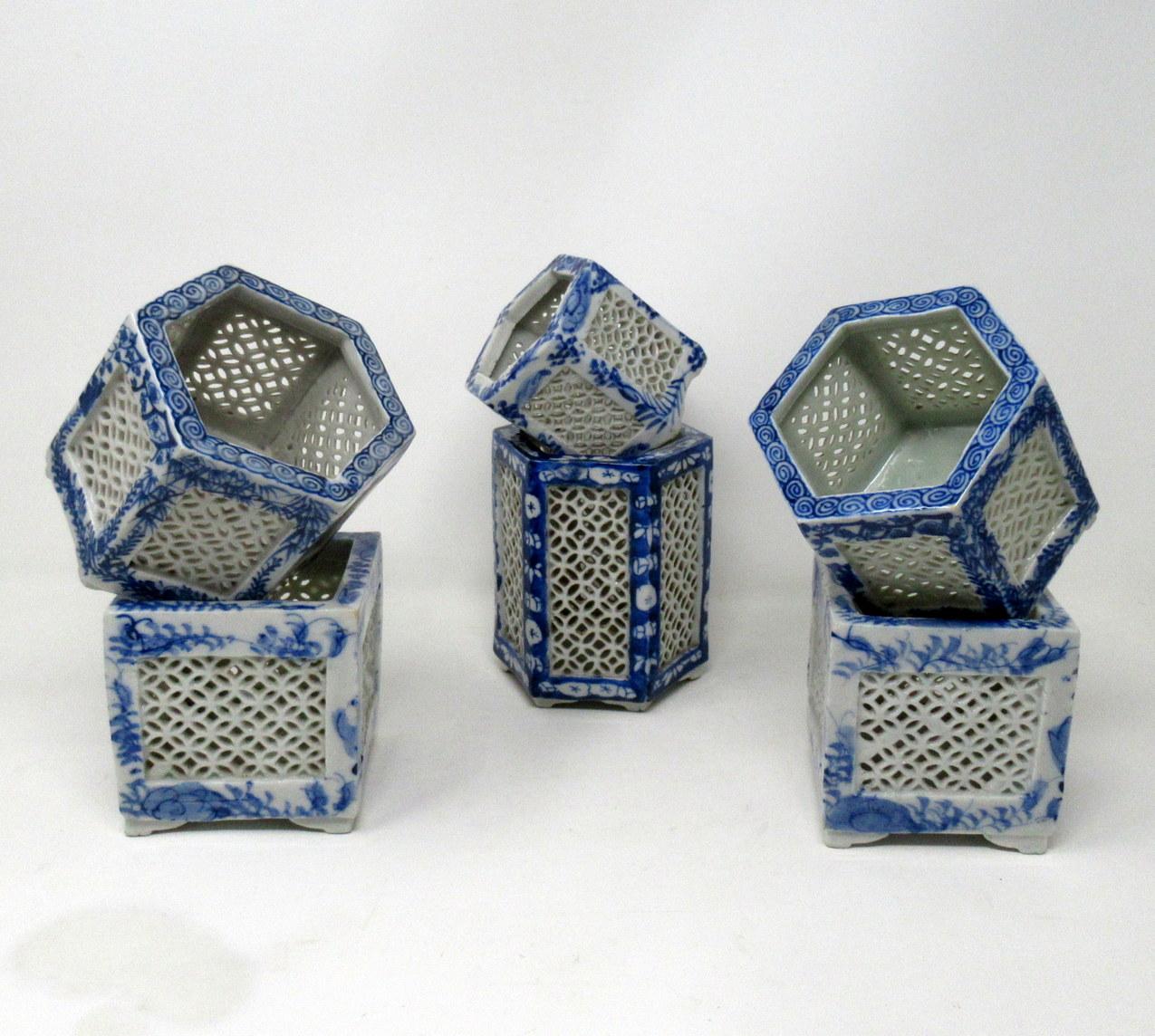 20th Century Set Hand Painted Blue White Japane Chinese Reticulated Hexagonal Porcelain Vases