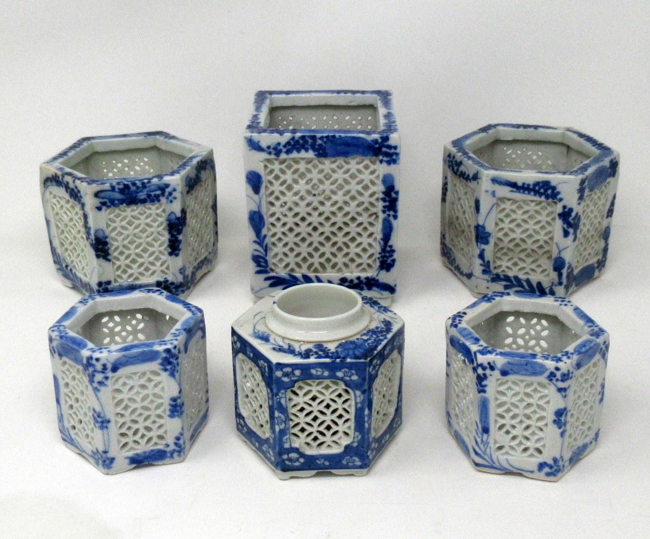 20th Century Set Hand Painted Blue White Japane Chinese Reticulated Hexagonal Porcelain Vases