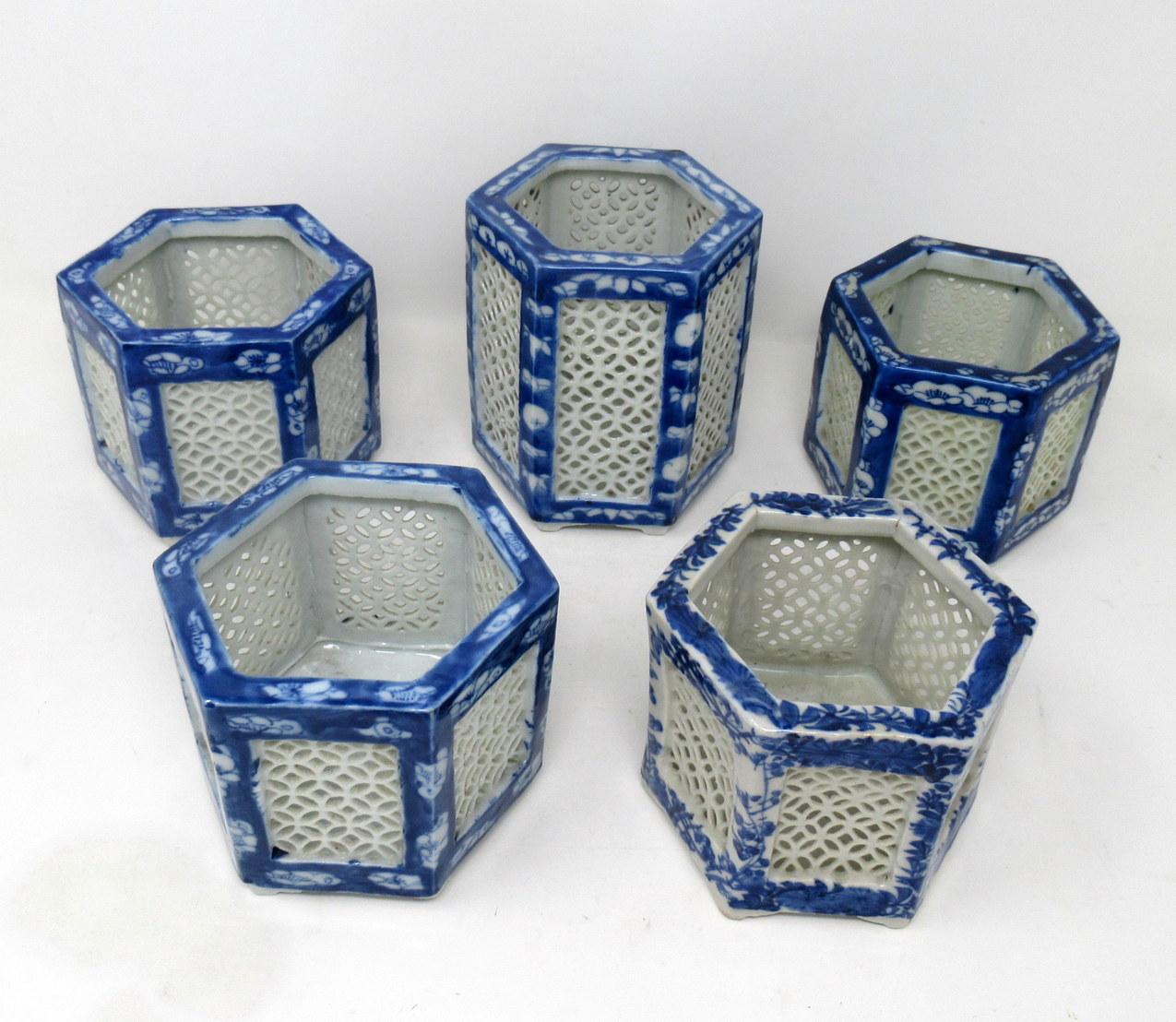 Ceramic Set Hand Painted Blue White Japane Chinese Reticulated Hexagonal Porcelain Vases