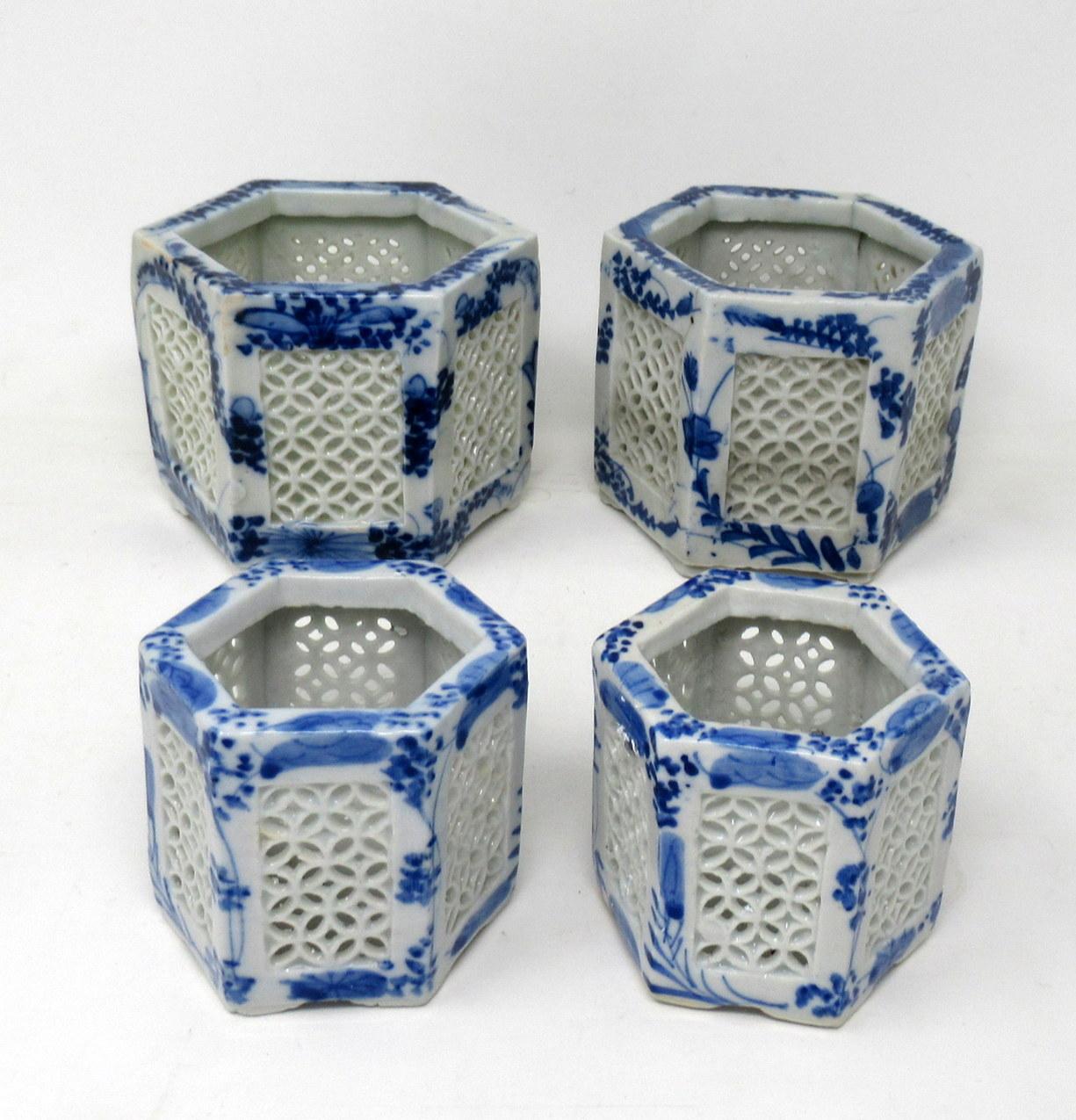 Ceramic Set Hand Painted Blue White Japane Chinese Reticulated Hexagonal Porcelain Vases