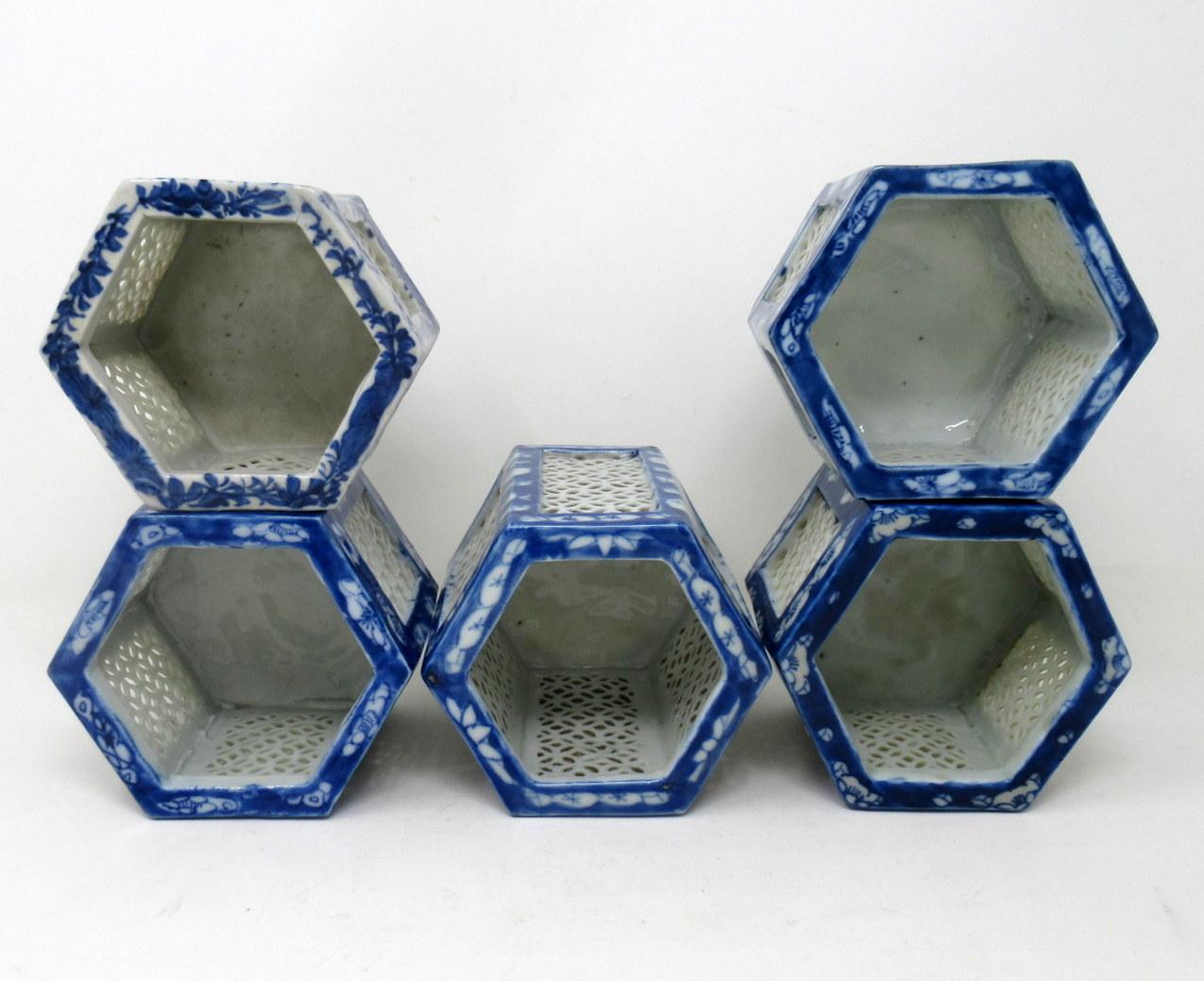 Set Hand Painted Blue White Japane Chinese Reticulated Hexagonal Porcelain Vases 1