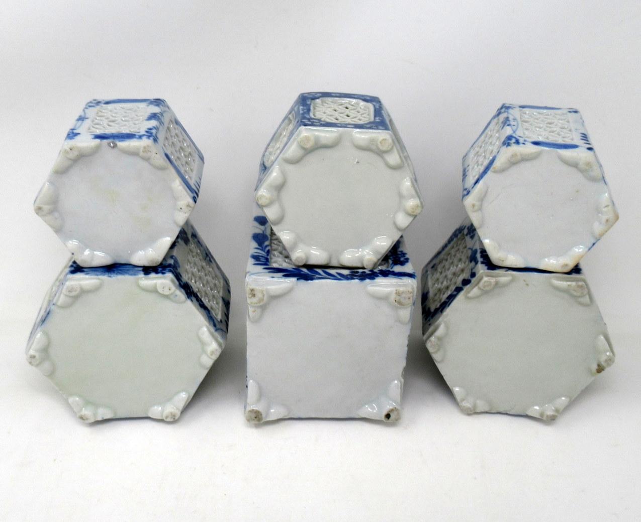 Set Hand Painted Blue White Japane Chinese Reticulated Hexagonal Porcelain Vases 1