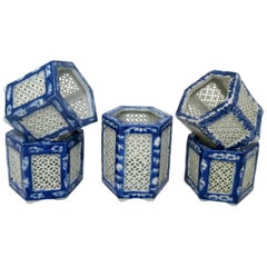 Set Hand Painted Blue White Japane Chinese Reticulated Hexagonal Porcelain Vases