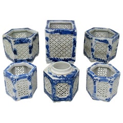 Antique Set Hand Painted Blue White Japane Chinese Reticulated Hexagonal Porcelain Vases