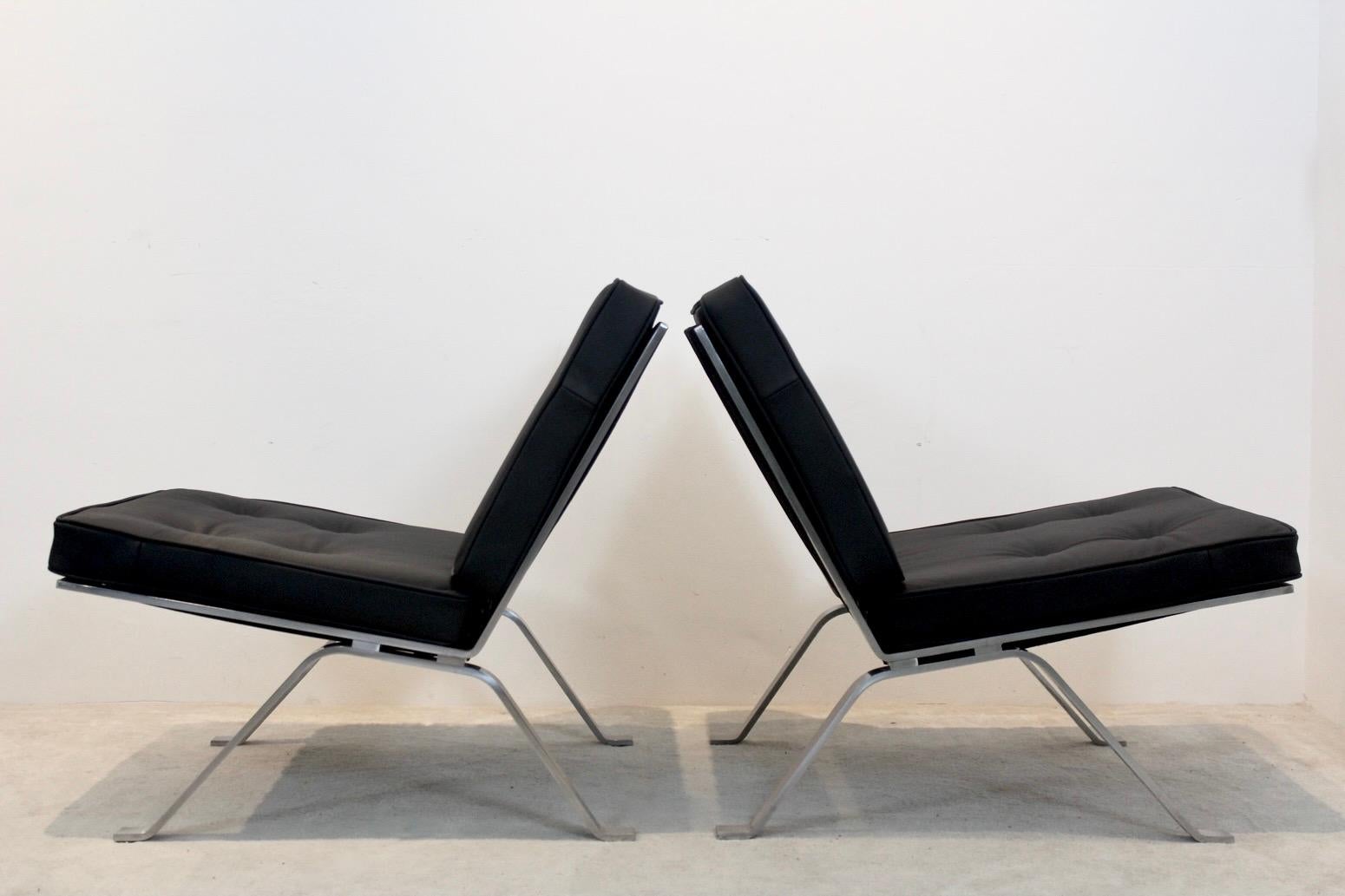 Mid-Century Modern Set Hans Eichenberger Leather and Stainless Steel Lounge Chairs for Girsberger S For Sale