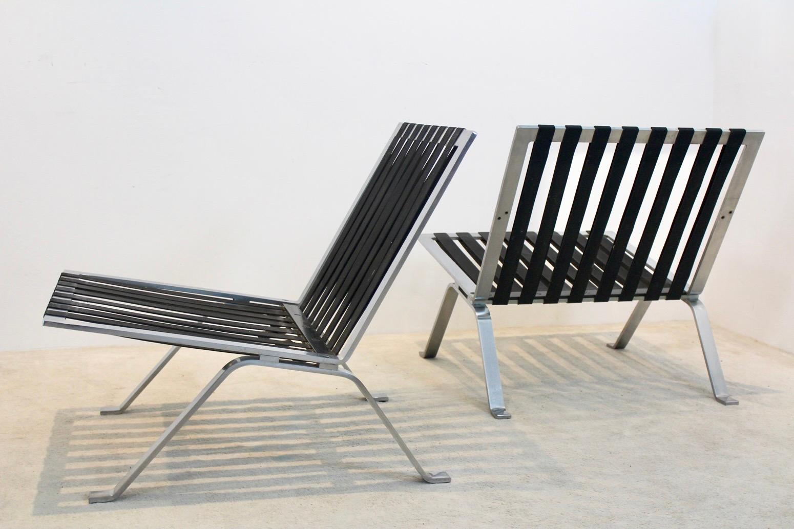 Suisse Ensemble de chaises longues Hans Eichenberger en cuir et acier inoxydable pour Girsberger S en vente