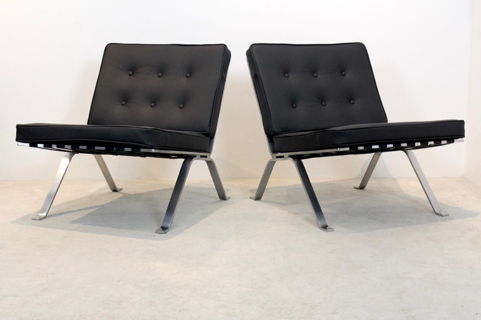 20th Century Set Hans Eichenberger Leather and Stainless Steel Lounge Chairs for Girsberger S For Sale