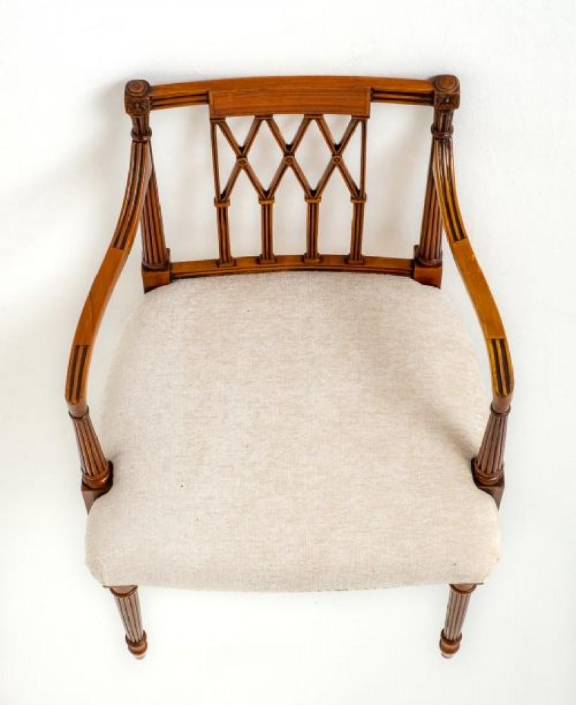 Set of 8 (6 + 2) Satinwood Hepplewhite Style Chairs.
These Chairs are Raised Upon Turned and Fluted Front Legs the Back Legs Being of a Sabre Form.
Circa 1920
The Recently Reupholstered Seats Being of a Stuff Over Form (very comfortable).
The