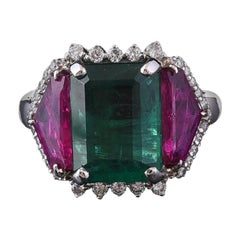Set in 18 K Gold, Zambian Emerald and Mozambique Ruby and Diamonds Cocktail Ring