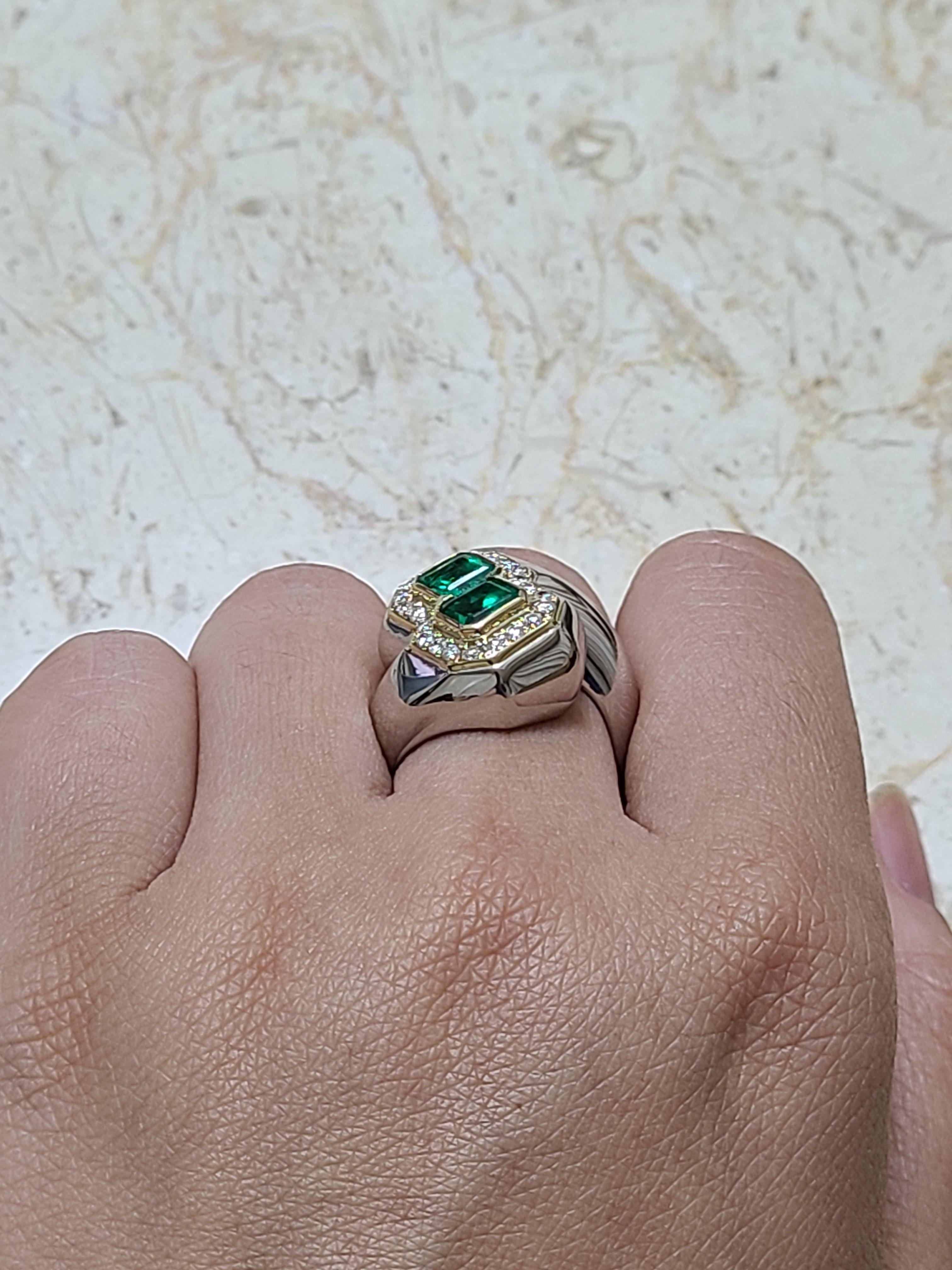 Emerald Cut 18 Karat Gold and Platinum PT900 Natural Emerald and Diamond Ring For Sale