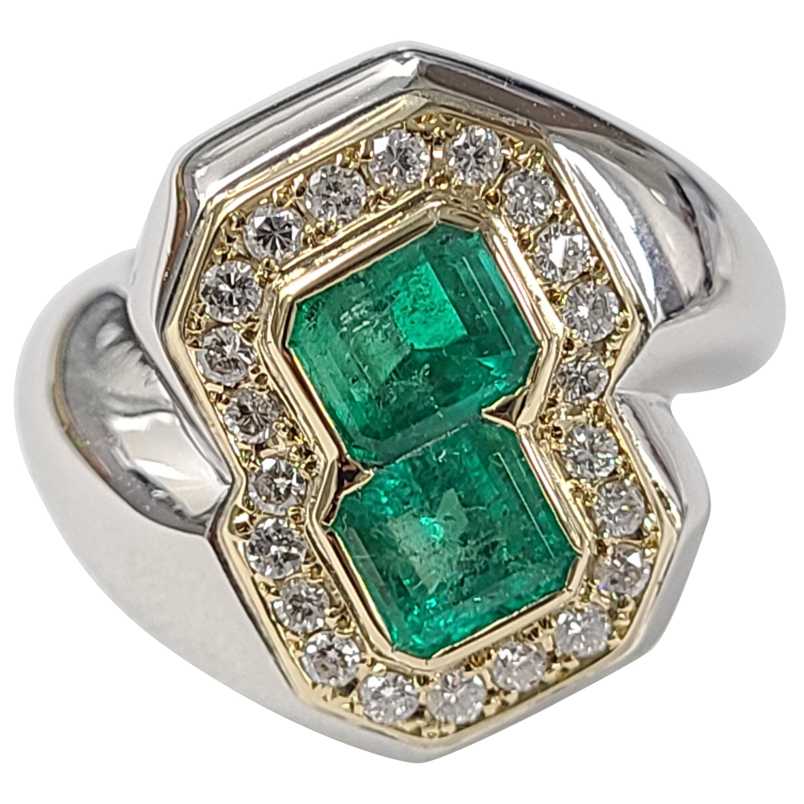 18 Karat Gold und Platin PT900 Ring mit natürlichem Smaragd und Diamant
