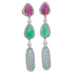 18 Karat Gold Aquamarine, Ruby, Emerald Earrings