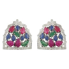 Set in 18 Karat Gold Carved Emerald Ruby and Sapphire Tutti-Frutti Stud Earrings Set in 18 Karat Gold Carved Emerald Ruby and Sapphire Tutti-Frutti Stud Earrings
