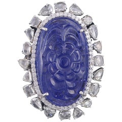 Set in 18 Karat Gold, Carved Tanzanite and Rose Cut Diamonds Cocktail Ring