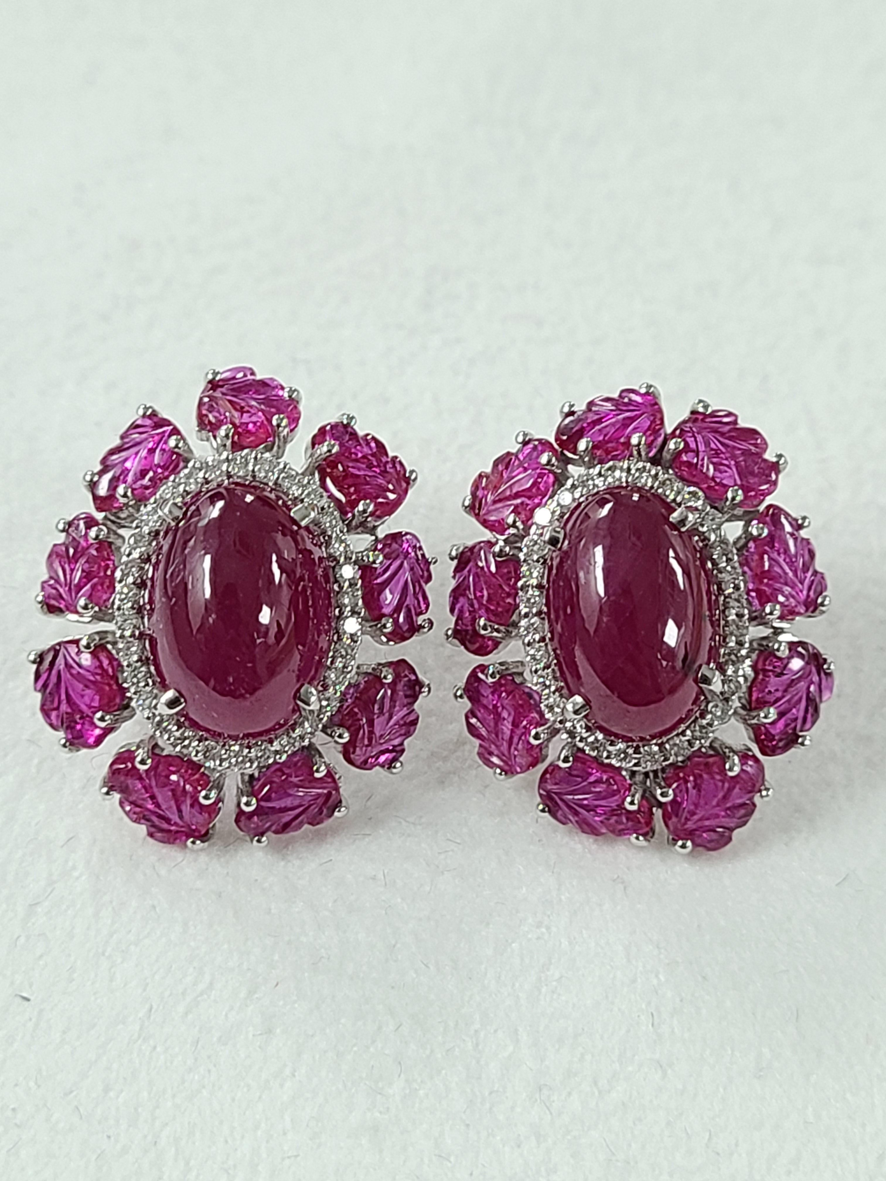 Anglo-Indian 18 Karat Gold Mozambique, Cabochon & Carved Ruby & Diamond Stud Earrings