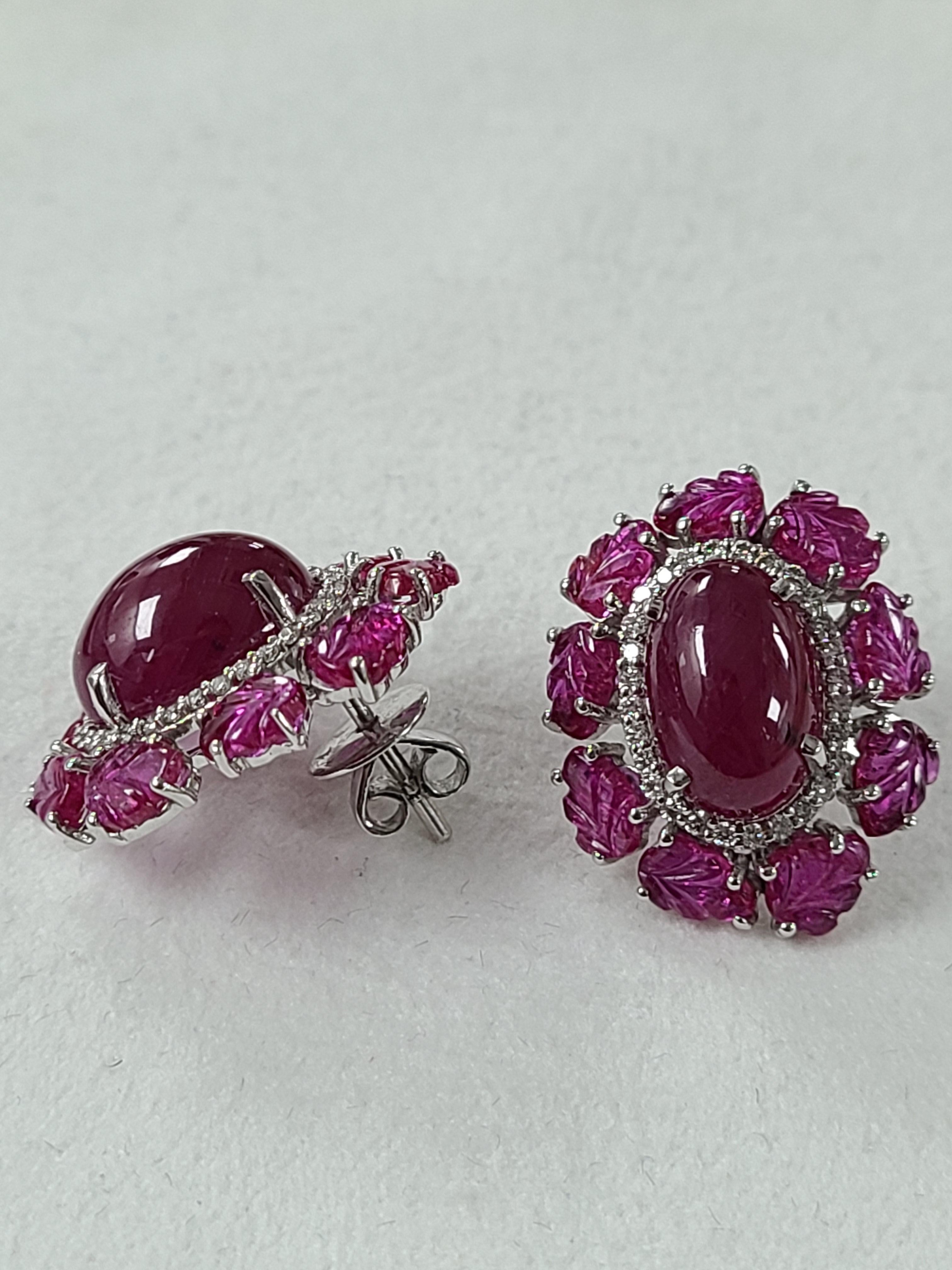 18 Karat Gold Mozambique, Cabochon & Carved Ruby & Diamond Stud Earrings In New Condition In Hong Kong, HK