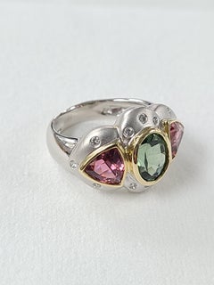 18 Karat Gold Multi Tourmaline Ring with Diamonds