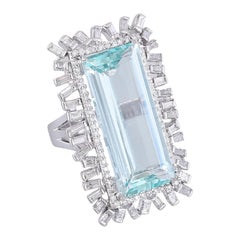 Set in 18 Karat Gold, Natural Aquamarine and Baguette Diamonds Cocktail Ring