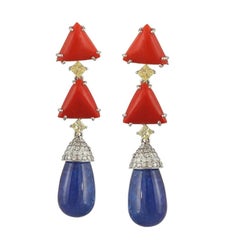 Set in 18 Karat Gold, Natural Coral, Yellow Diamond and Tanzanite Drop Earrings