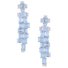 18 Karat Gold Natural Cut Aquamarine and Diamonds Chandelier Earrings