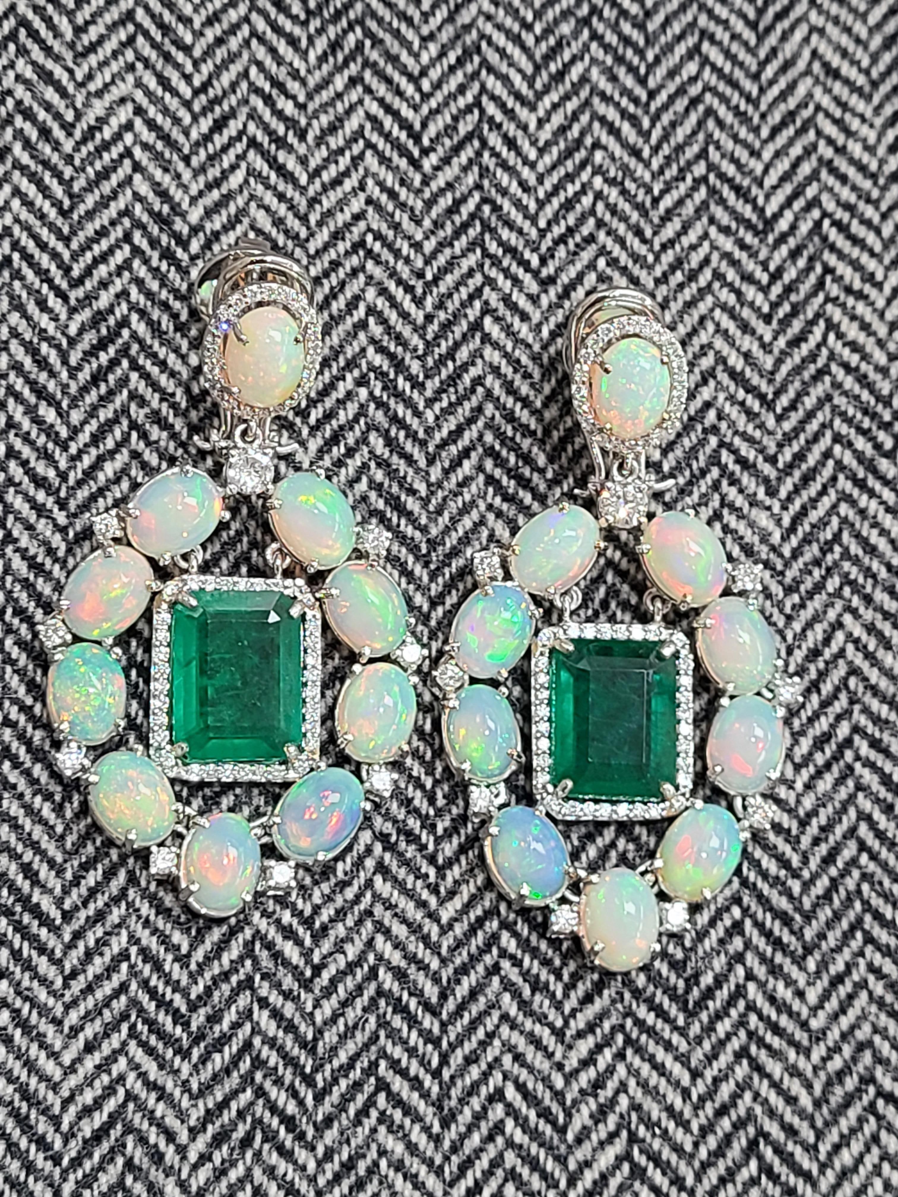 Art Deco 18k White Gold Dangle Earrings Natural Emerald and Opal Earrings with Diamonds For Sale