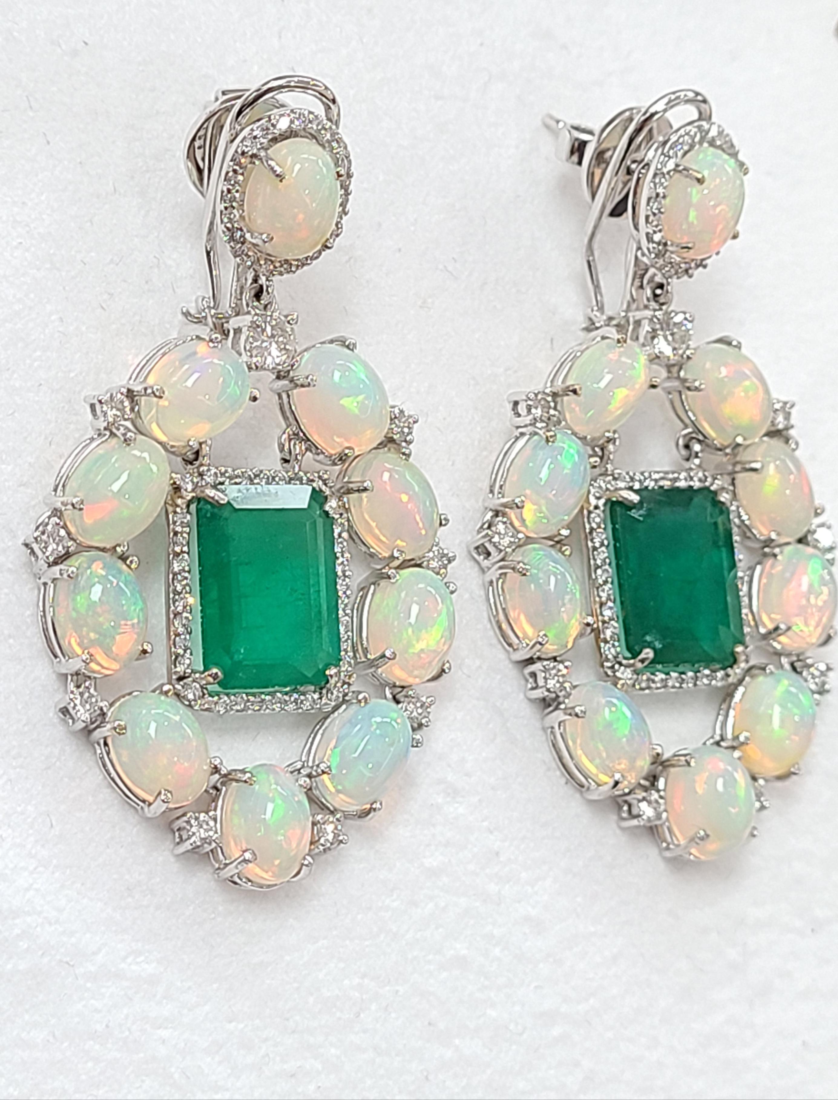 Emerald Cut 18k White Gold Dangle Earrings Natural Emerald and Opal Earrings with Diamonds For Sale