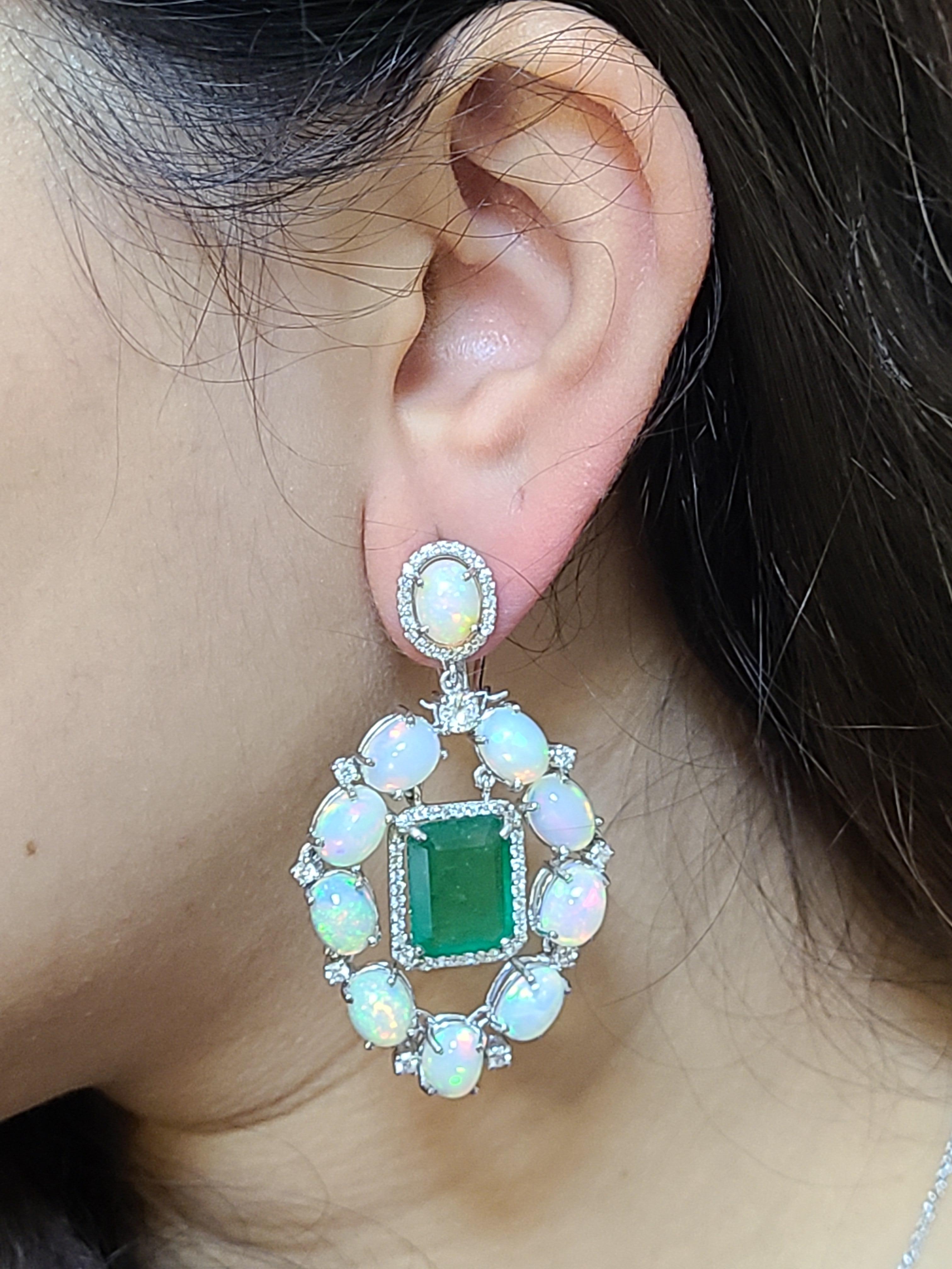 Women's 18 Karat Gold Natural Emerald and Opal Earrings with Diamonds For Sale