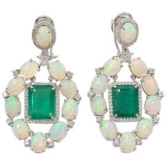 18 Karat Gold Natural Emerald and Opal Earrings with Diamonds