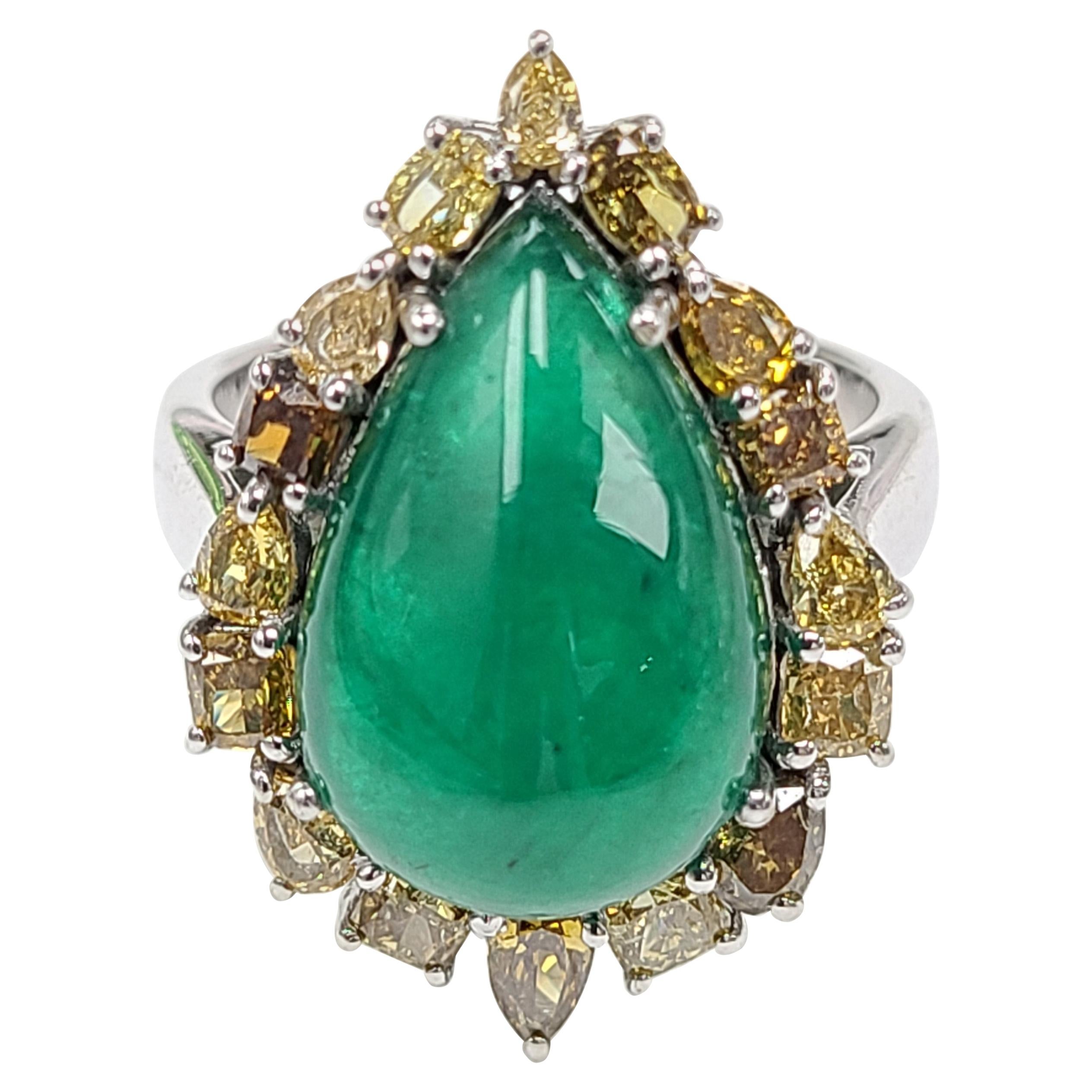 18 Karat Gold Natural Emerald Cabochon Ring with Fancy Diamonds