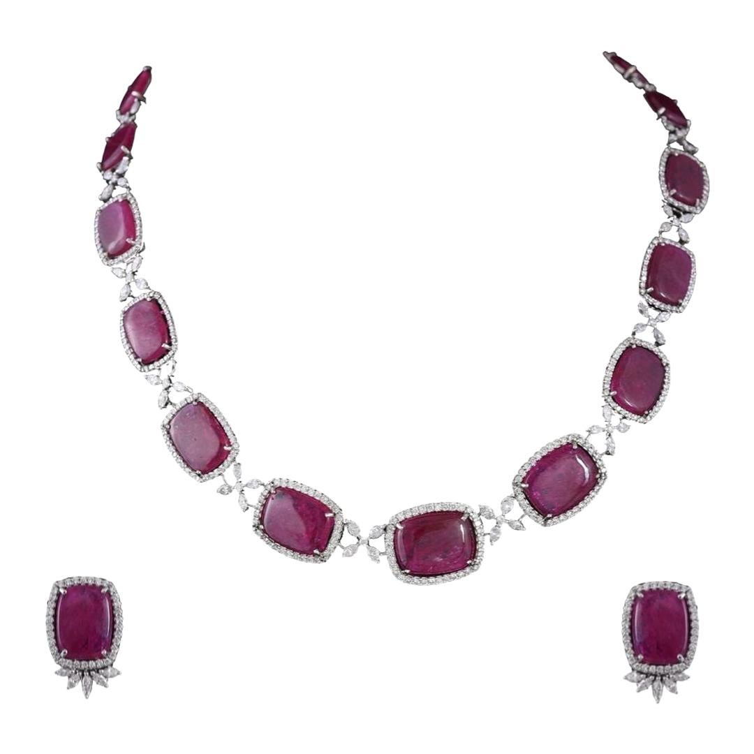 18 Karat Gold Natural Mozambique Ruby and Marquise Diamonds Necklace Set