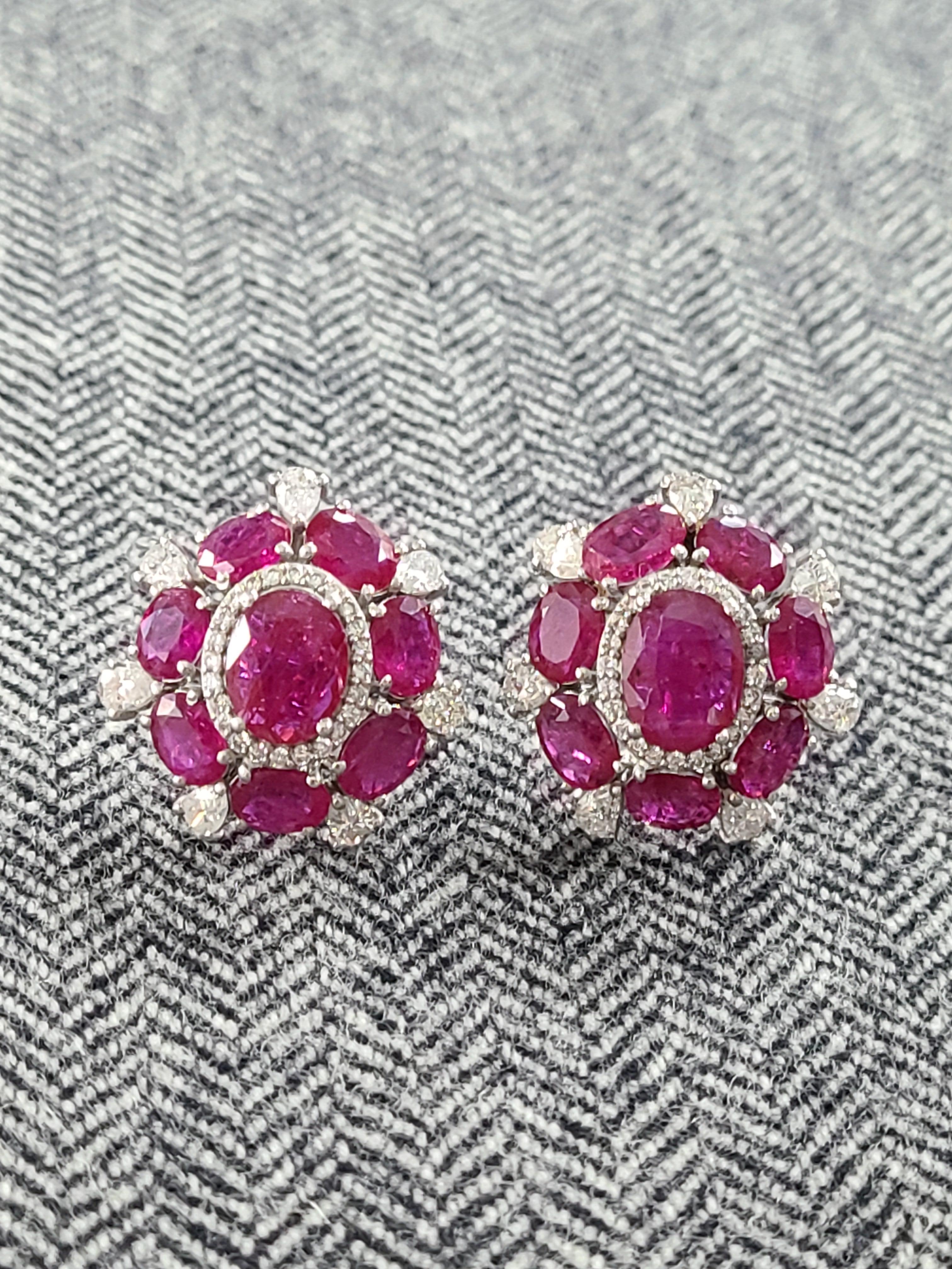 Oval Cut 18 Karat Gold Natural Ruby and Diamonds Cluster Style Stud Earrings