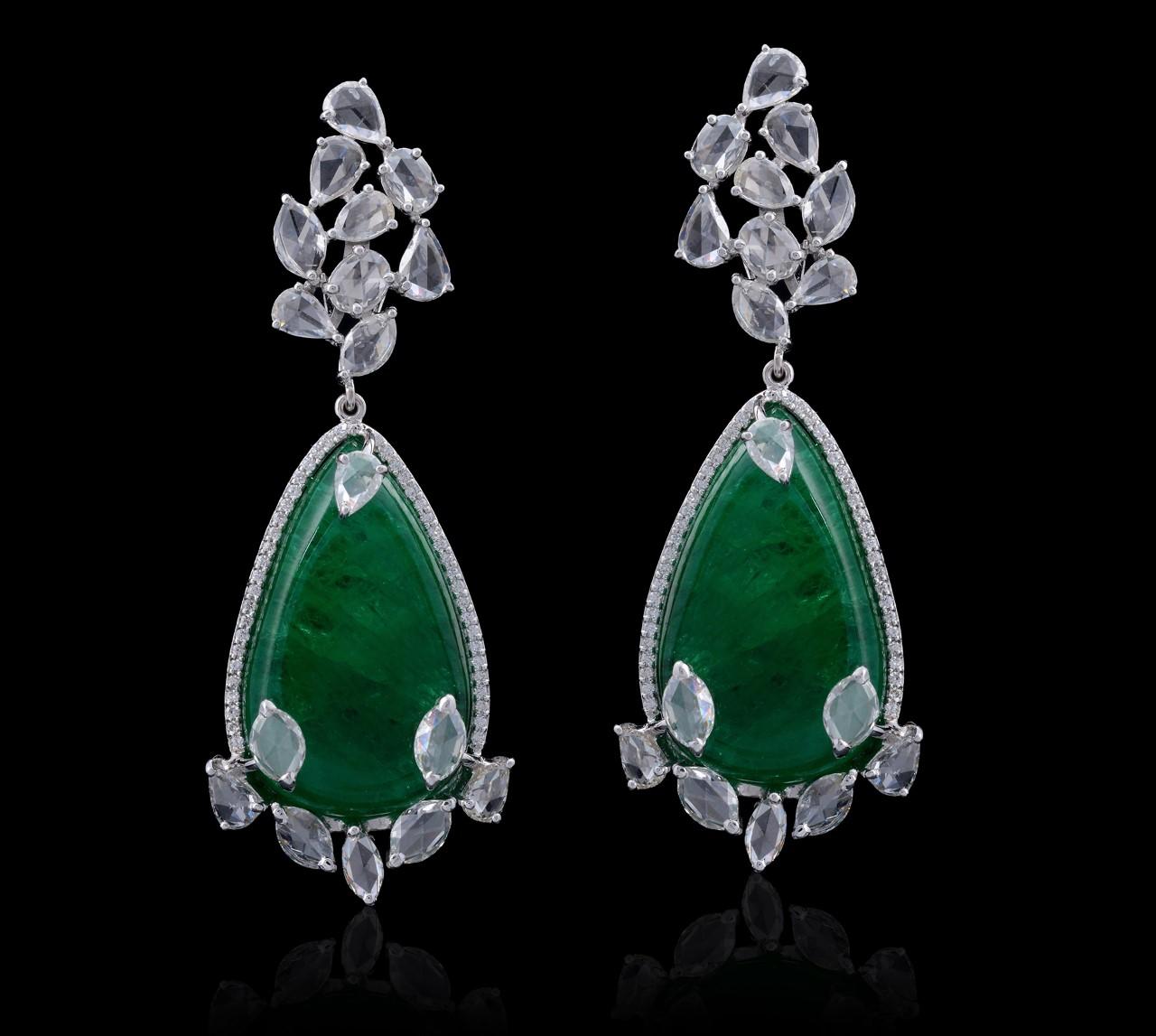Pear Cut Set in 18 Karat Gold, Natural Russian Emerald and Rose Cut Diamond Earrings