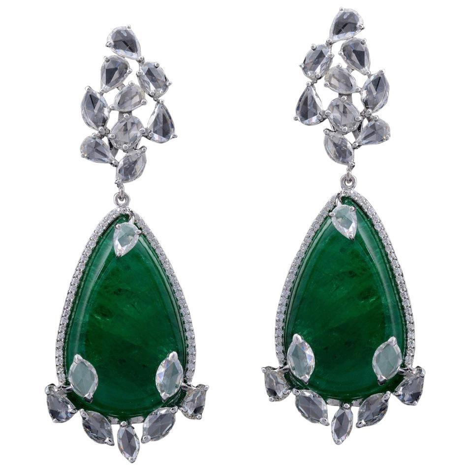 Set in 18 Karat Gold, Natural Russian Emerald and Rose Cut Diamond Earrings