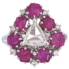 18 Karat Gold natural Trillion Ruby and Rose Cut Diamond Cocktail Ring