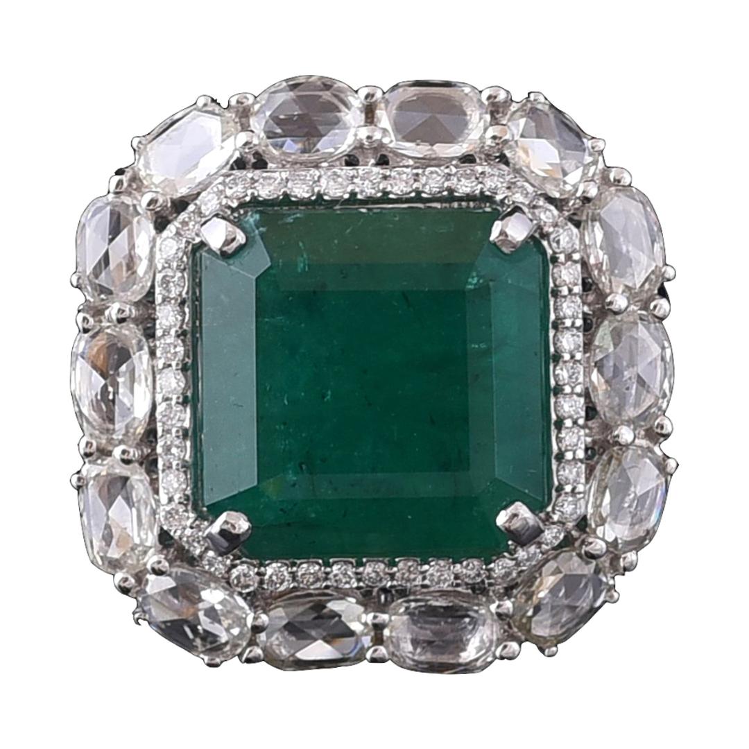 Set in 18 Karat Gold Natural Zambian Emerald and Rose Cut Diamonds Cocktail Ring