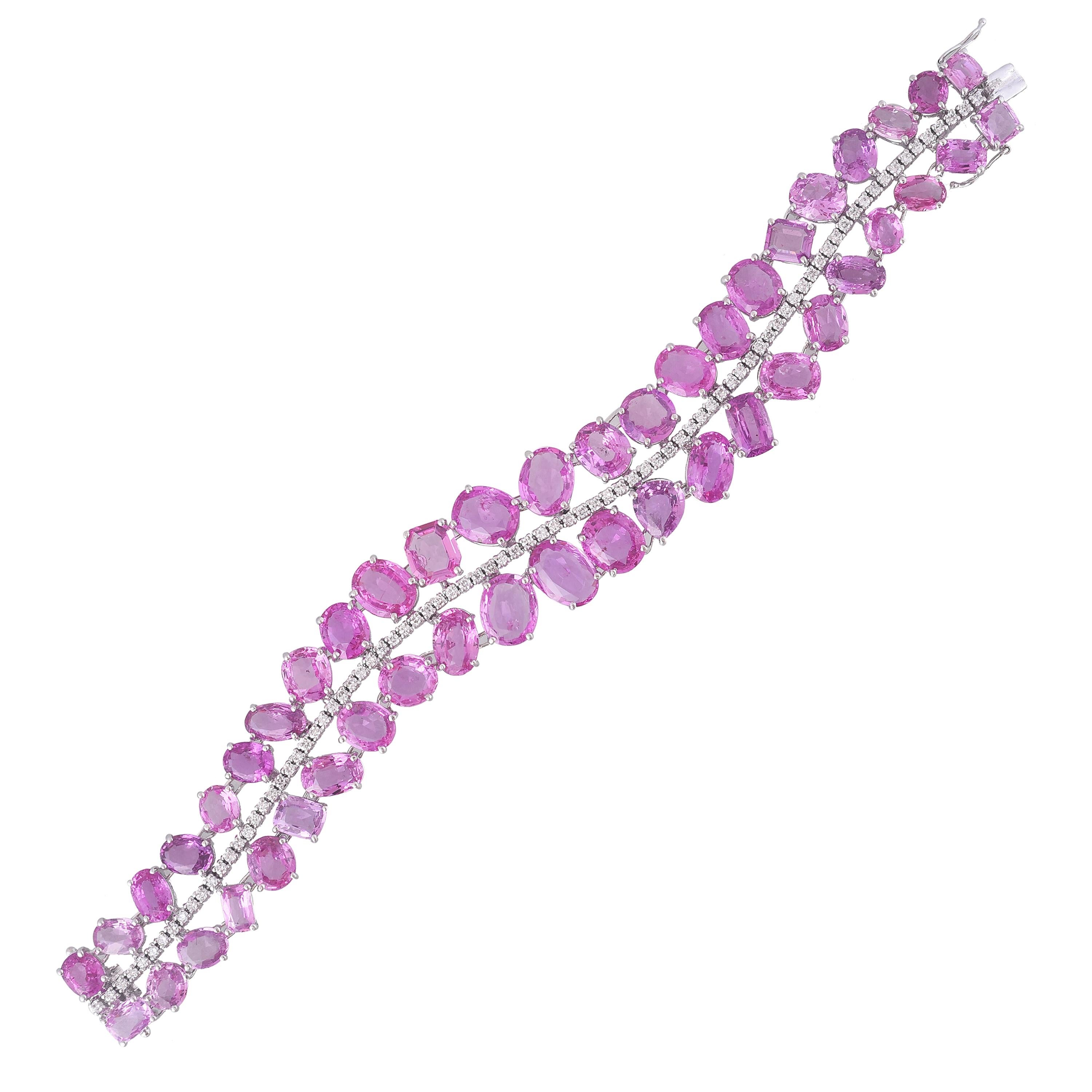 Set in 18 Karat Gold, Rose Cut Pink Sapphire and Diamonds Flexible Bracelet